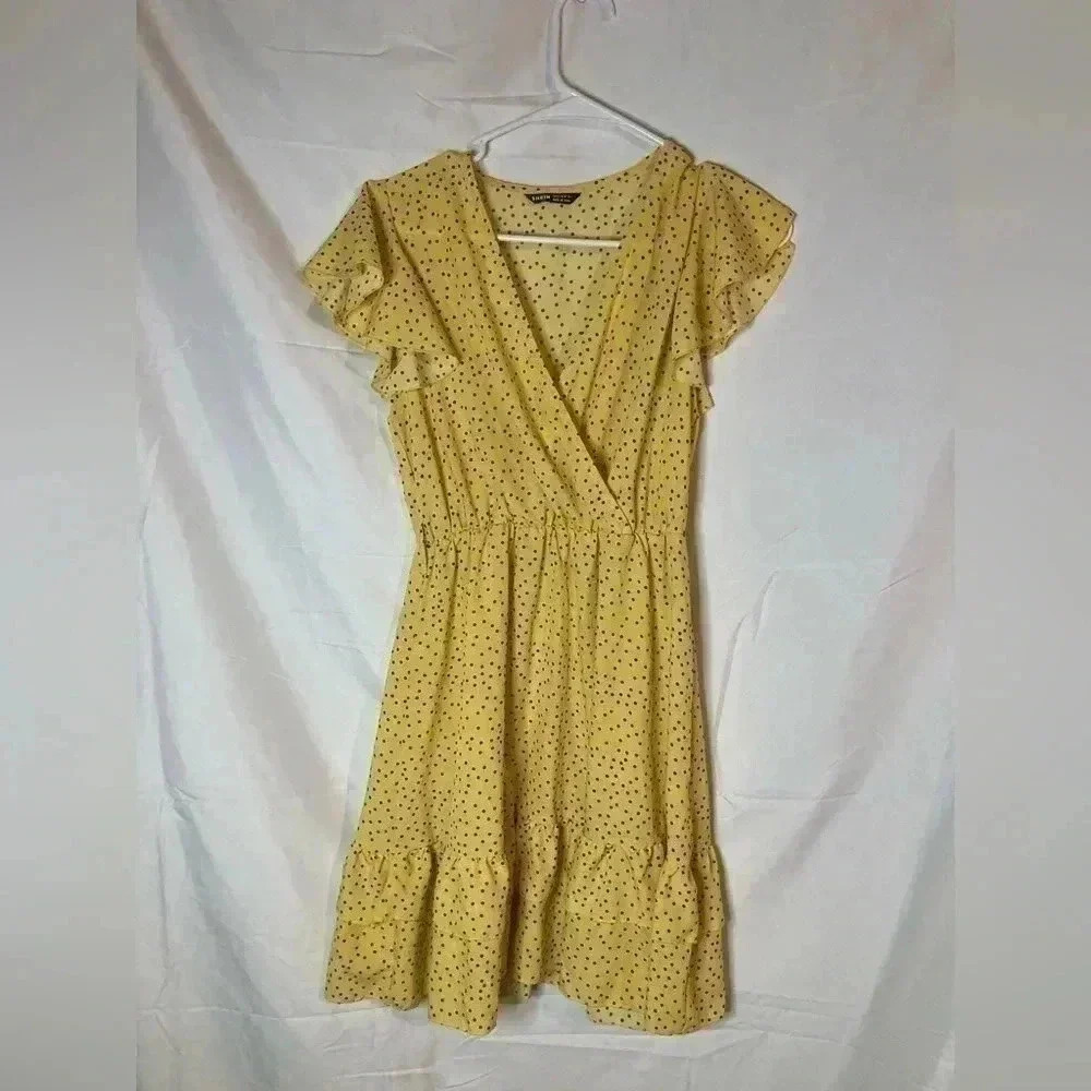 Shein yellow‎ with black poke dots dress